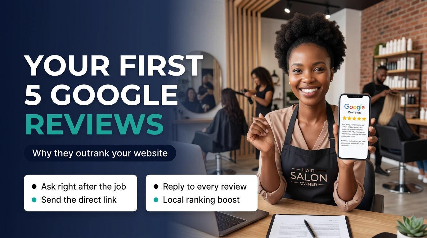 South African salon owner holding up a phone showing five-star Google reviews — how to get your first 5 Google reviews